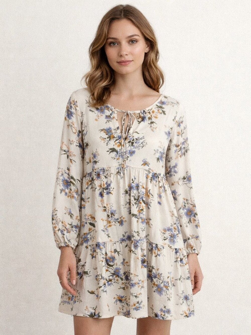 American Eagle Womens Floral Tiered Short Dress Size S Boho Peasant Long Sleeve